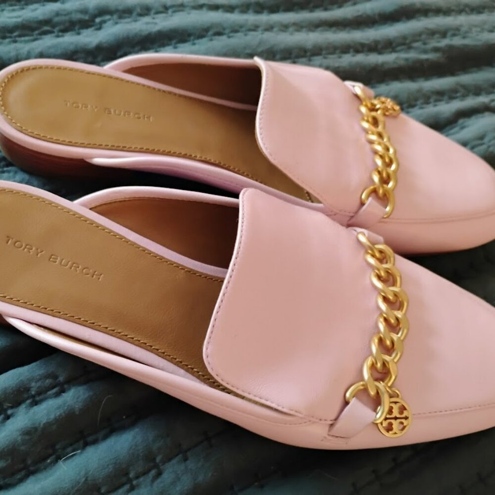Pink Tory Burch Mini Benton Brown Leather Loafer Slides w Gold Metal Chain 8.5